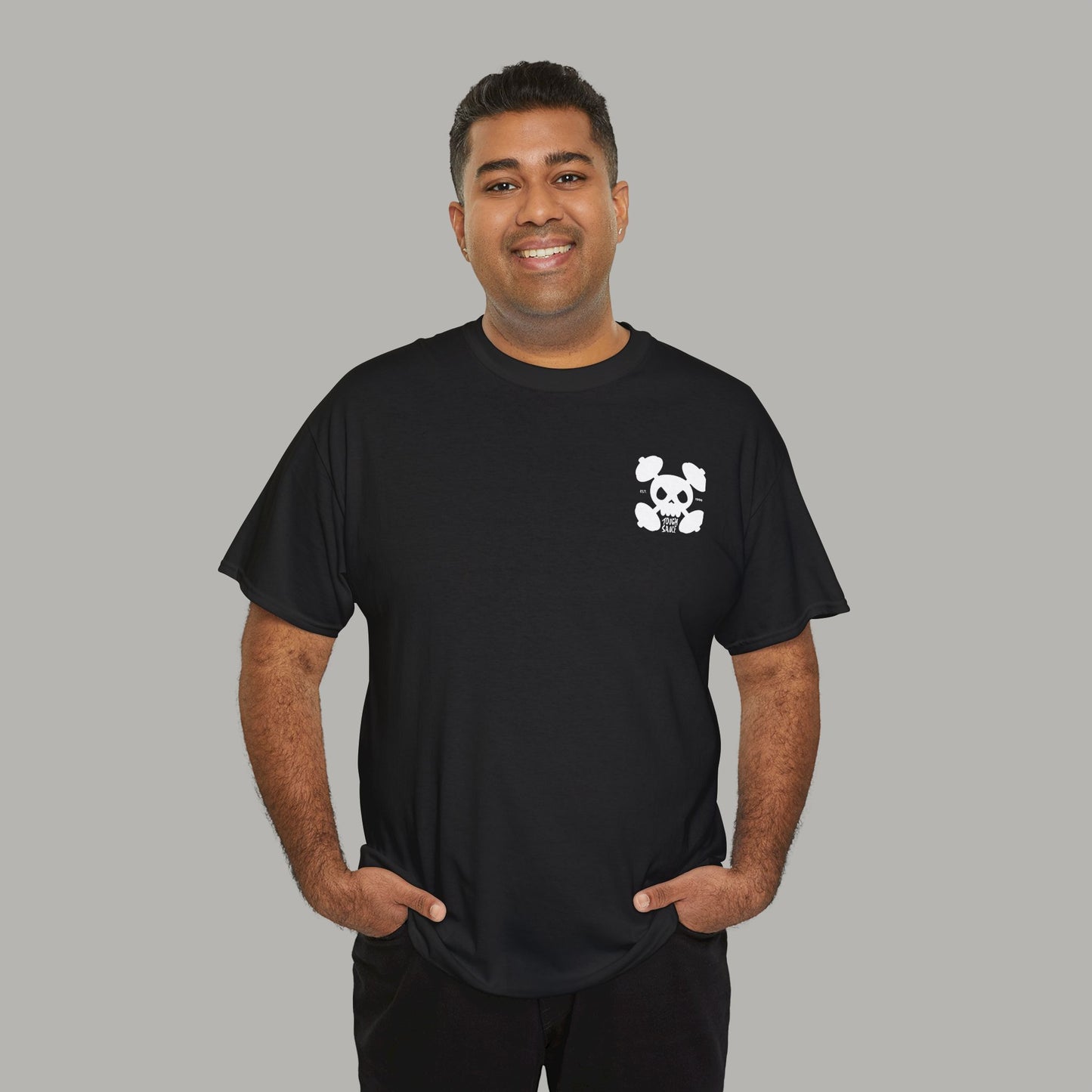 Tough Sauce Skull Dude With Barbells Black Heavy Cotton Tee