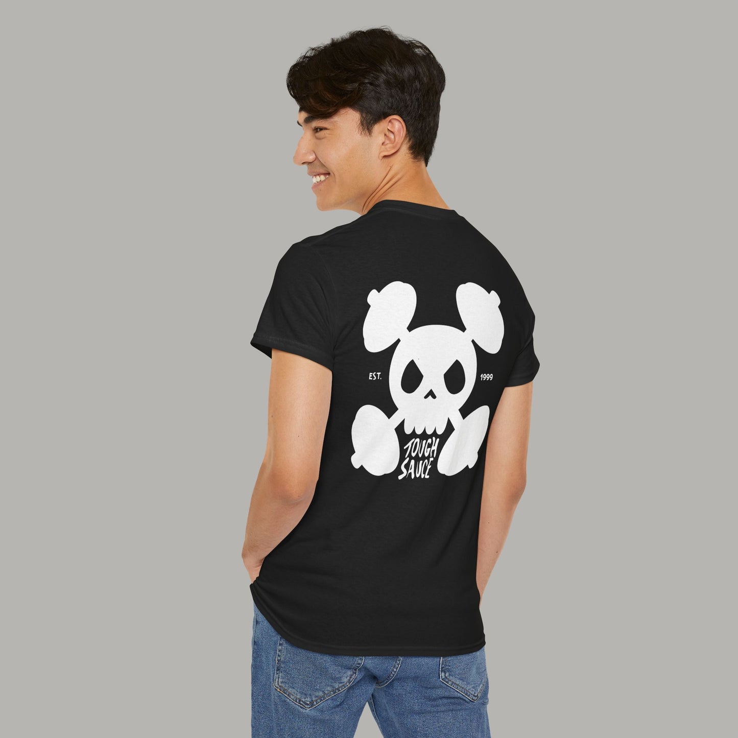 Tough Sauce Skull Dude With Barbells Black Heavy Cotton Tee