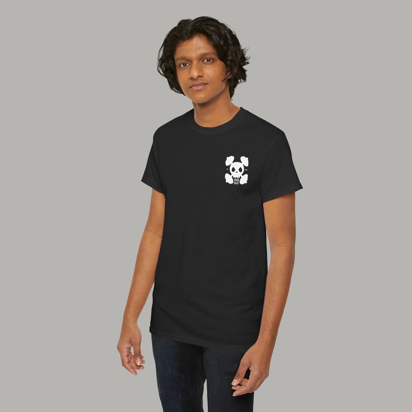 Tough Sauce Skull Dude With Barbells Black Heavy Cotton Tee