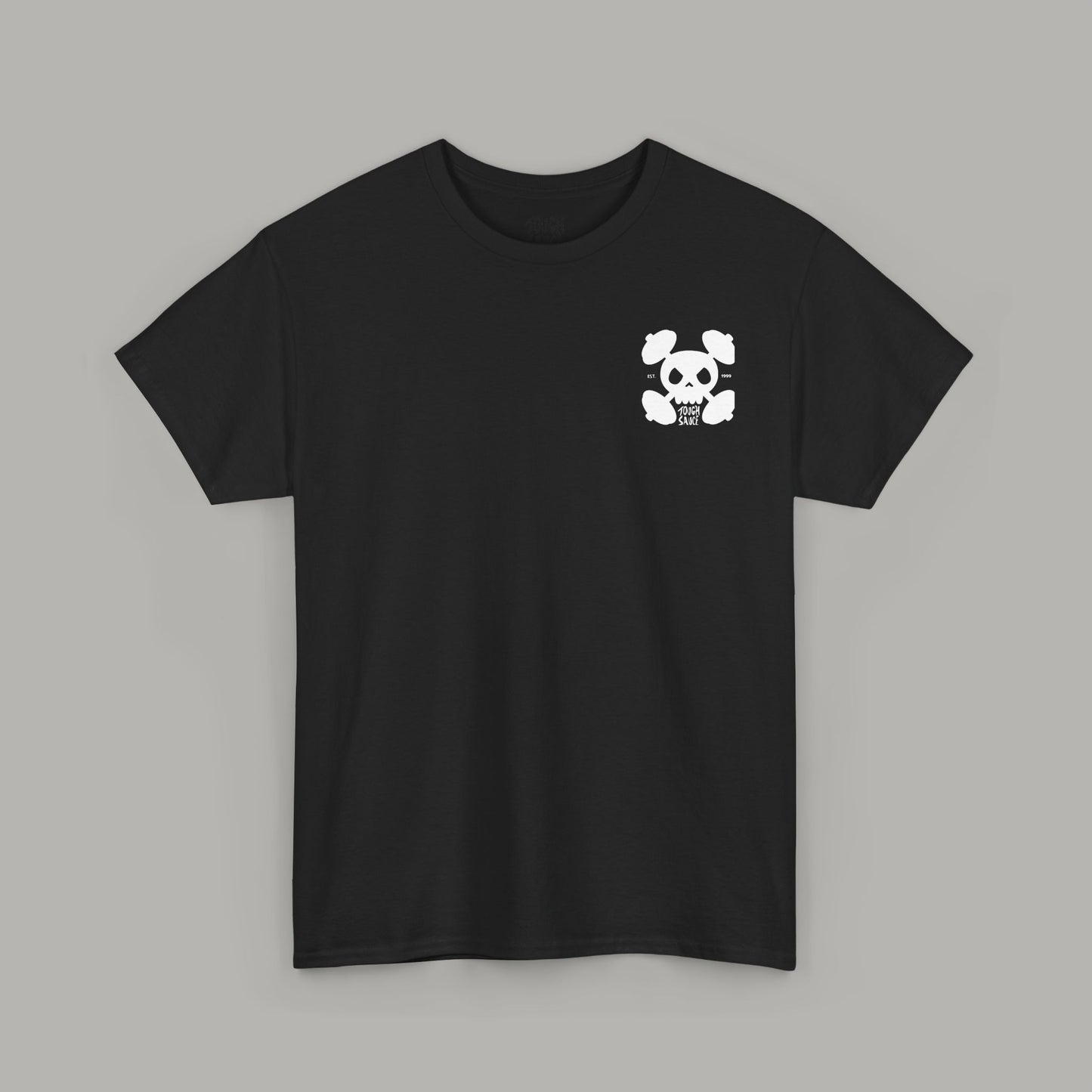 Tough Sauce Skull Dude With Barbells Black Heavy Cotton Tee