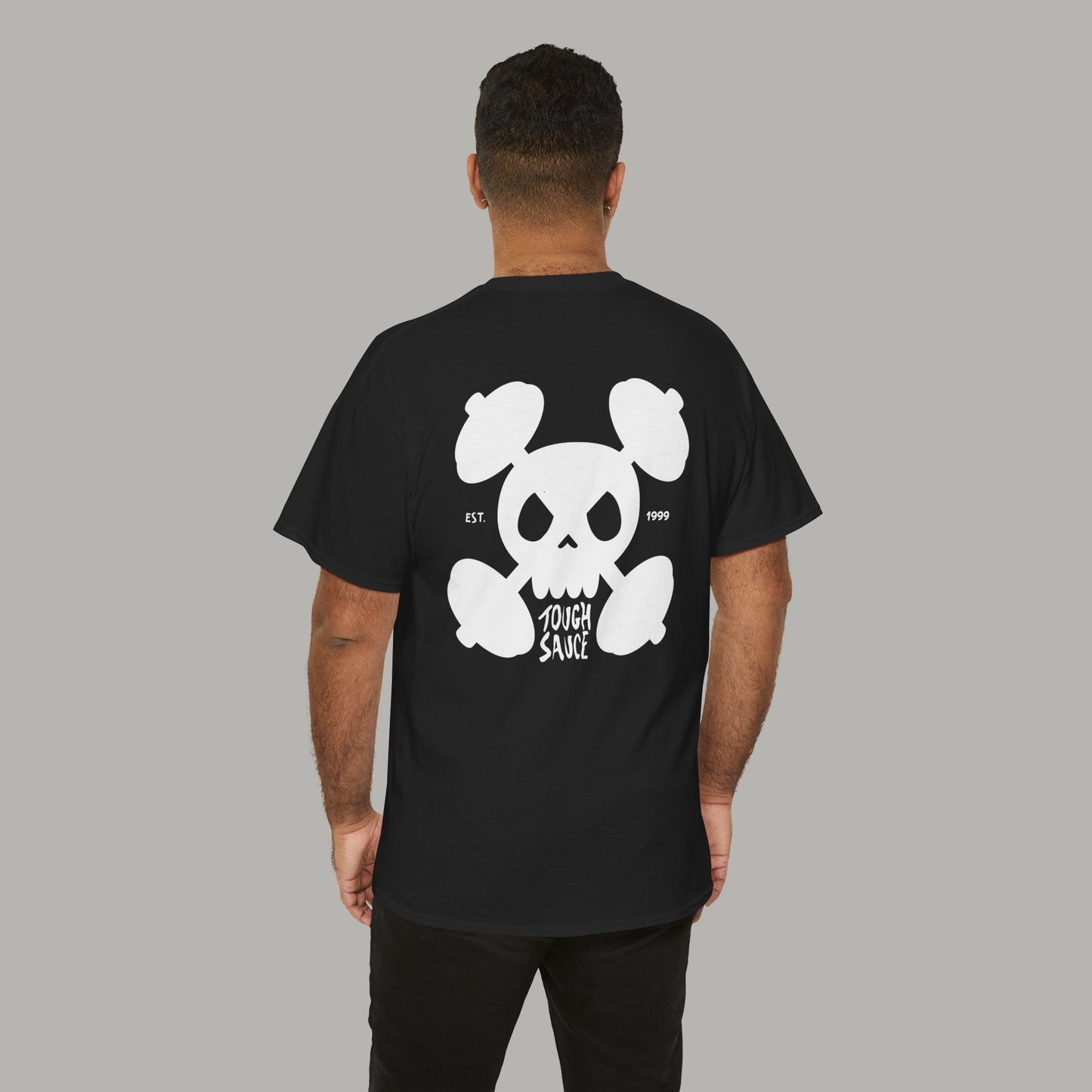 Tough Sauce Skull Dude With Barbells Black Heavy Cotton Tee