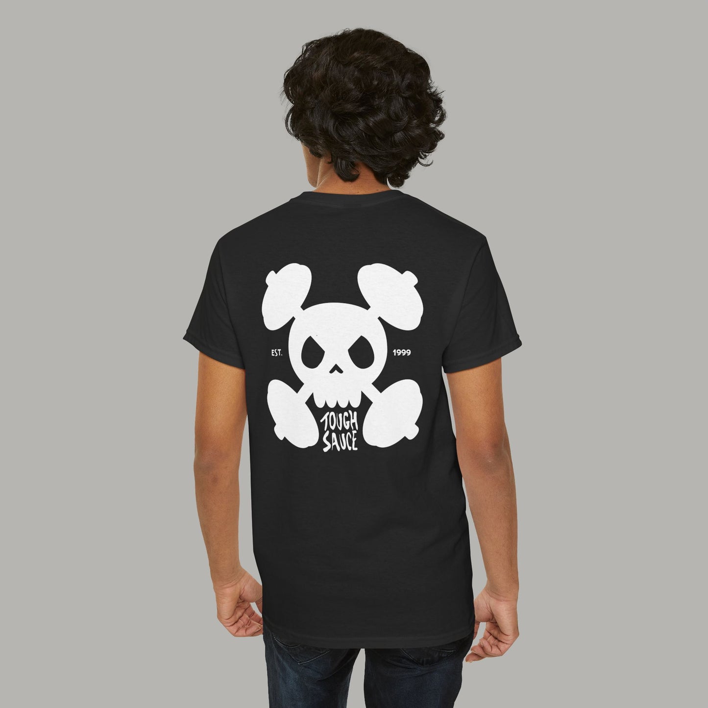 Tough Sauce Skull Dude With Barbells Black Heavy Cotton Tee