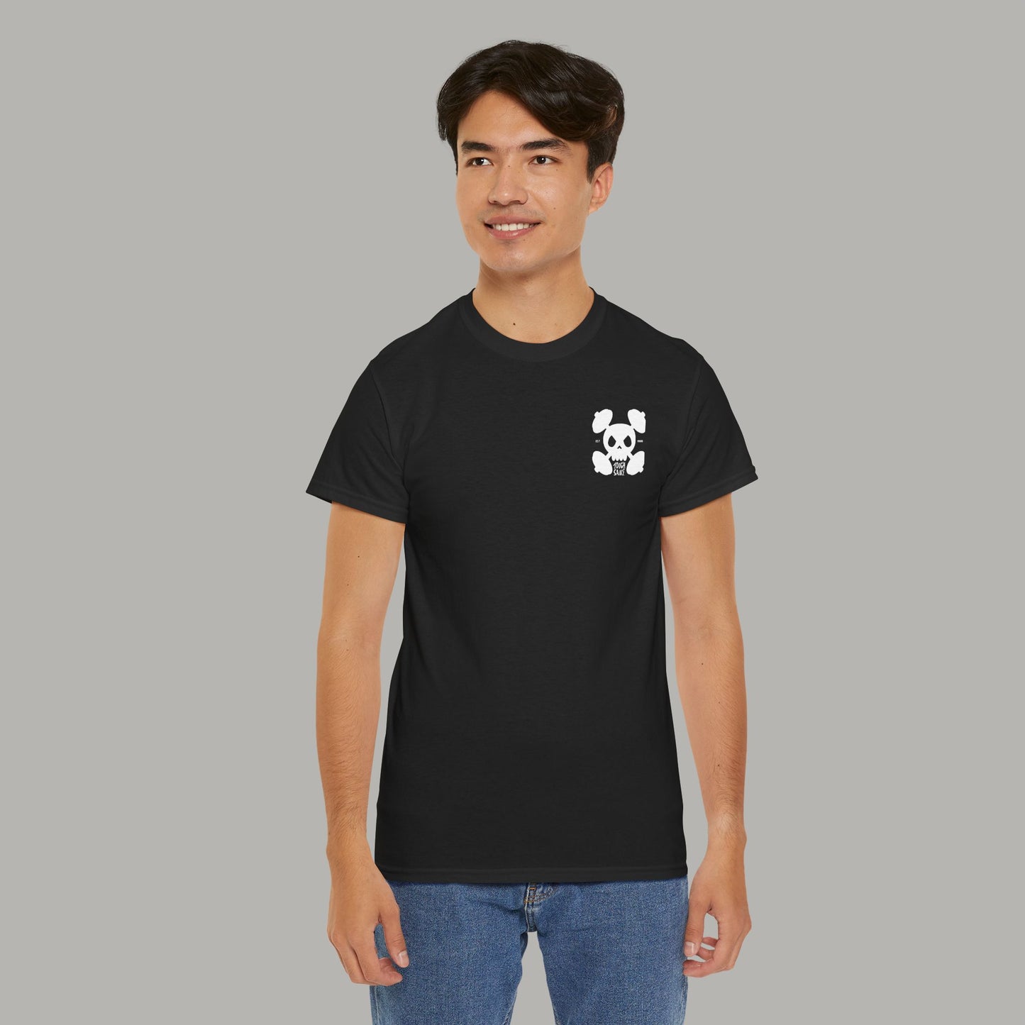 Tough Sauce Skull Dude With Barbells Black Heavy Cotton Tee