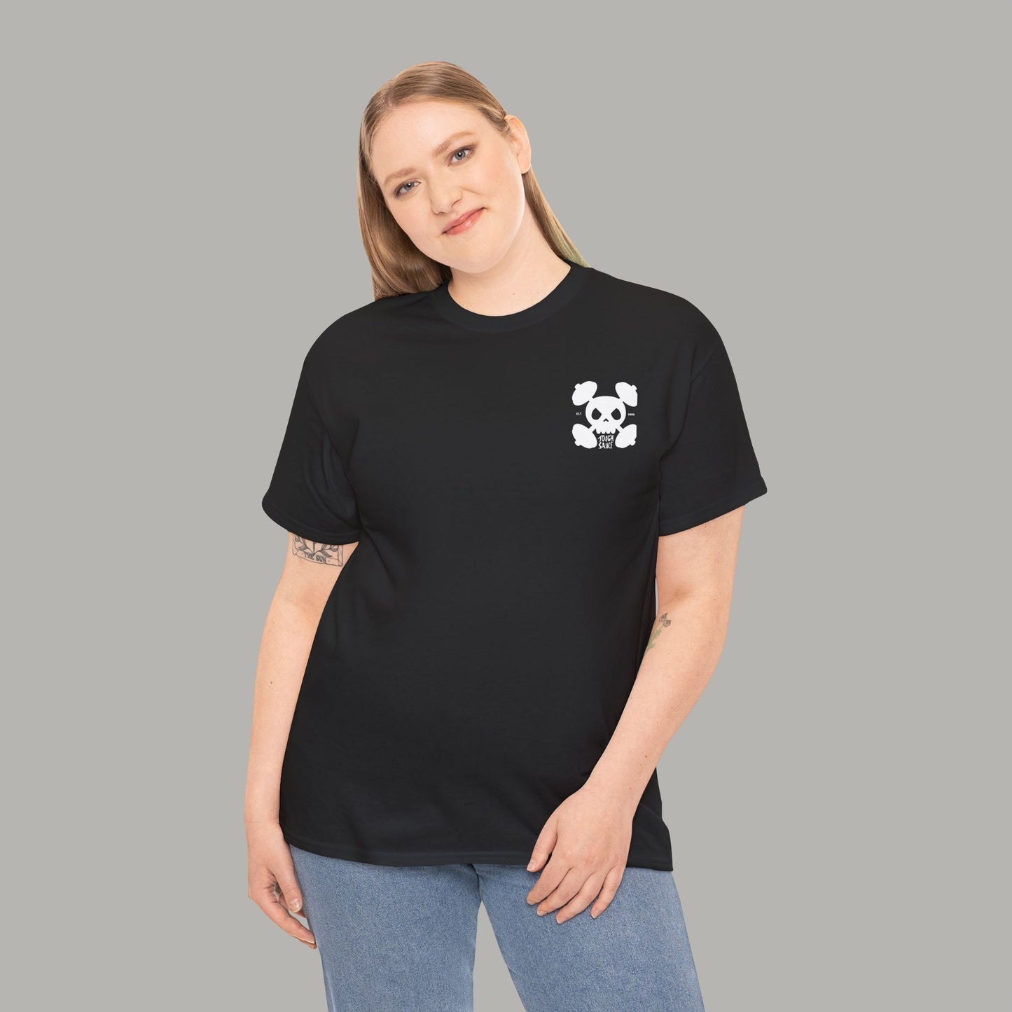 Tough Sauce Skull Dude With Barbells Black Heavy Cotton Tee