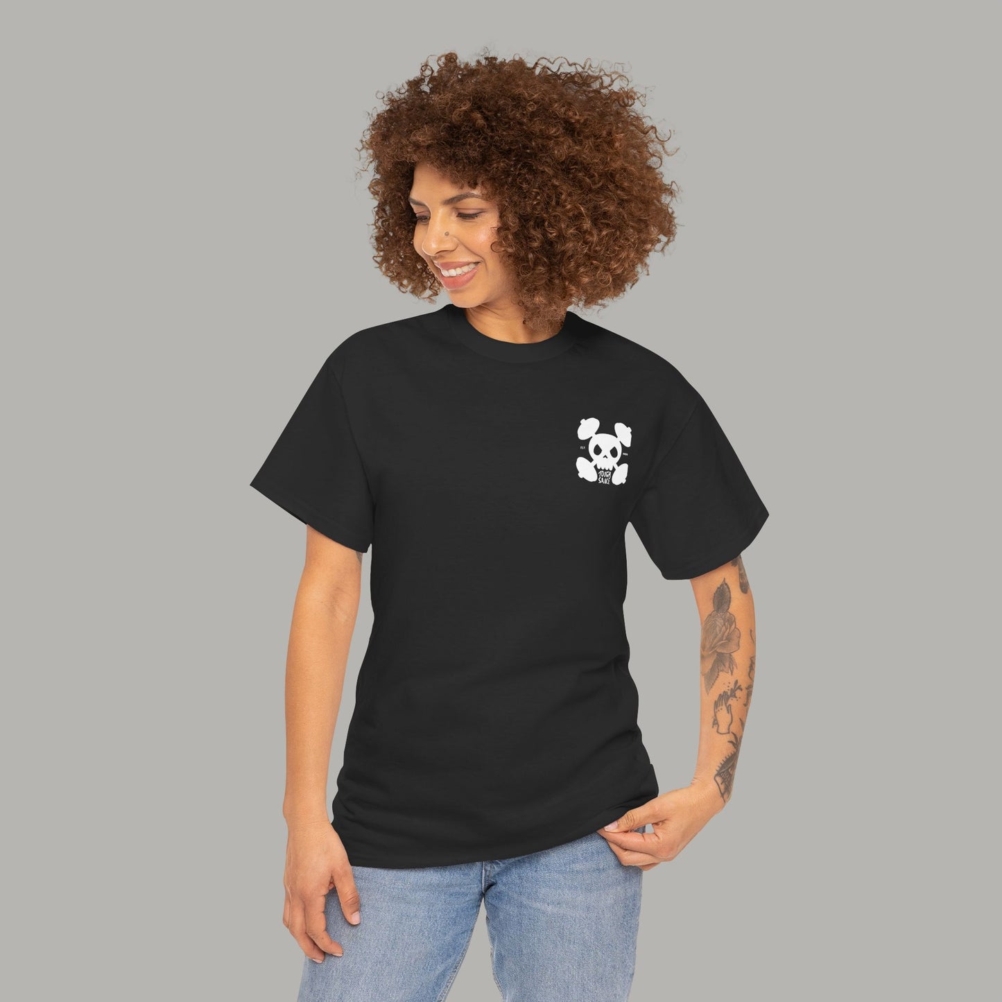 Tough Sauce Skull Dude With Barbells Black Heavy Cotton Tee