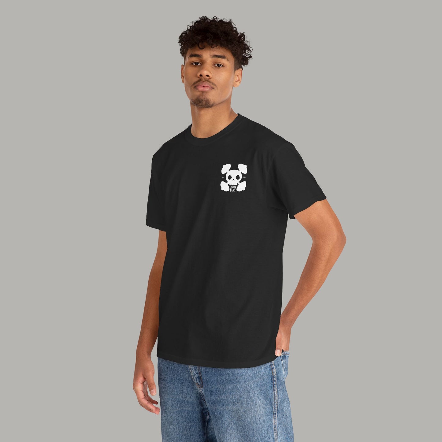 Tough Sauce Skull Dude With Barbells Black Heavy Cotton Tee